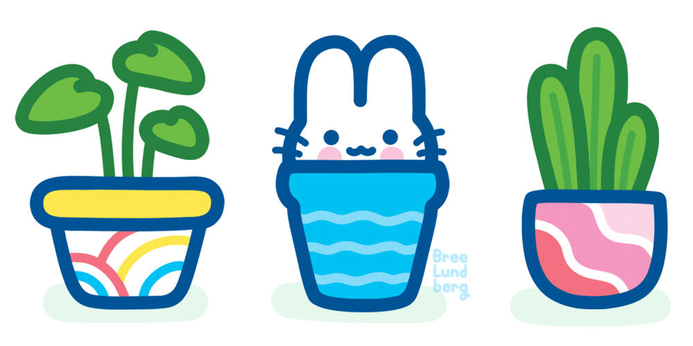 Three pots with plants and a bunny